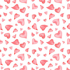 Watercolor seamless pattern with pink hearts on a white background