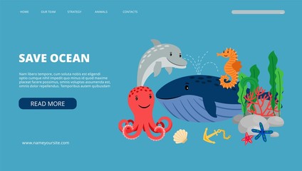 Save ocean landing page. Cartoon sea wildlife. Vector saving nature web banner