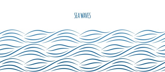Sea waves border. Ocean water background. Nautical vector seamless pattern - obrazy, fototapety, plakaty