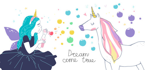 girl dressed as fairies and cute unicorn © Anastasiia Kozubenko