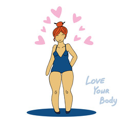Feminism body positive illustration woman in swim suit . Love to own figure, female freedom, girl power isolated vector illustration on white background. Feminism concept.