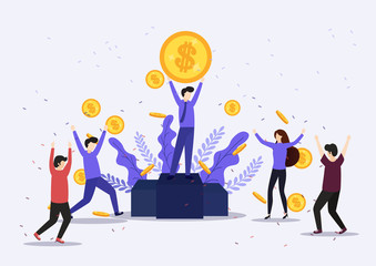 Vector illustration of happy business team celebrates success standing under money rain banknotes cash falling on blue background. 