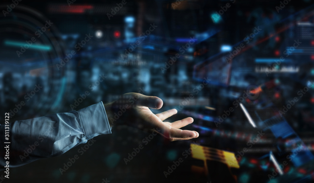 Poster Businessman using digital technological interface with datas 3D rendering