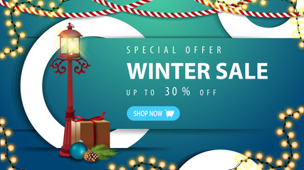 Special offer, winter sale, up to 30% off, blue discount banner with button, decorative white rings, garlands and vintage pole lantern