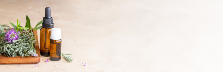 Fresh Lavender flower  and rosemary plant , different essential oil bottles large background for banner. Concept alternative health care  Aromatherapy or Ayurveda