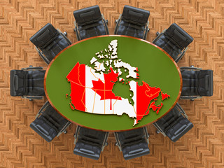 Canadian goverment meeting. Map of Canada on the round table, 3D rendering