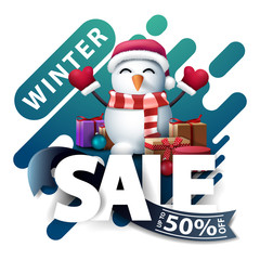 Winter sale, up to 50% off, discount pop up for website in lava lamp style with Large letters, blue ribbon and snowman in Santa Claus hat with gifts