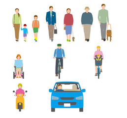 人、自転車、自動車を正面から見たイラスト