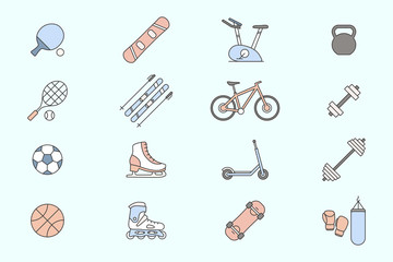 Sport and fitness Icons set - Vector color symbols of bicycle, ball, ski, snowboard, skates, scooter, skateboard and etc. for the site or interface