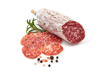 Cured salami sausage, Italian cuisine, isolated on white background
