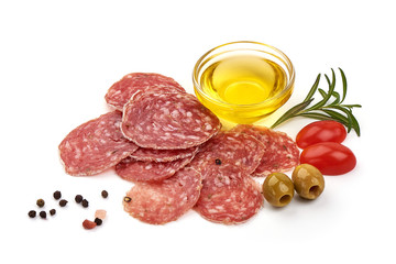 Traditional Italian thin dried sausage, isolated on white background