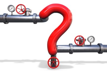 3D illustration: Steel gas pipe in the shape of a red question mark with the valve and pressure gauge on white background. Problems of construction of pipelines and economic sanctions. Trade wars.