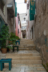 A small narrow street with steps and greenery in an old European city.