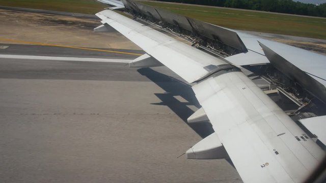 The plane takes off, the wing flaps open, there is maneuvering.