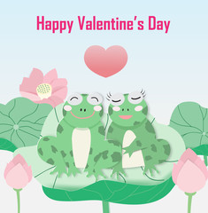 Happy Valentines Day with two frogs on the lotus leaf.