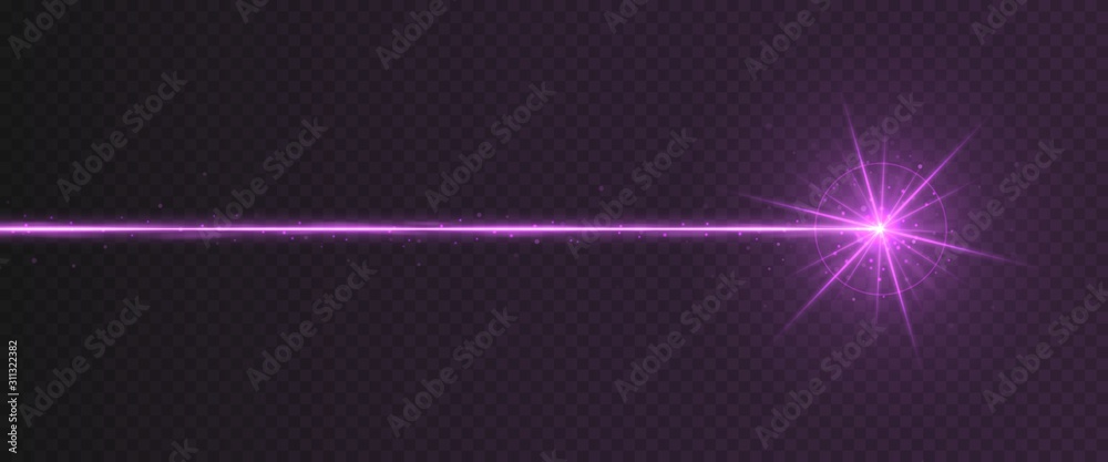 Wall mural purple laser beam light effect isolated on transparent background. violet neon light ray with sparkl