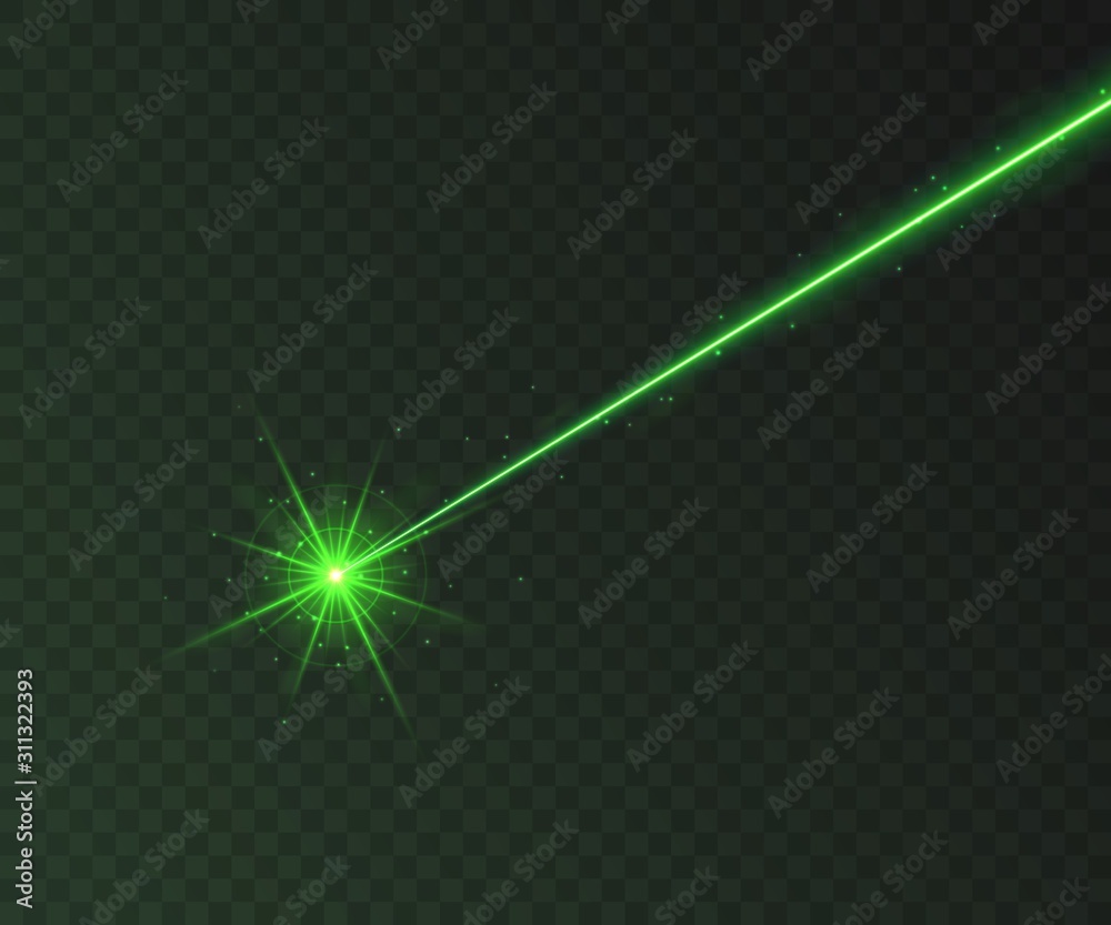 Wall mural green laser beam light effect isolated on transparent background. neon light ray with sparkles.