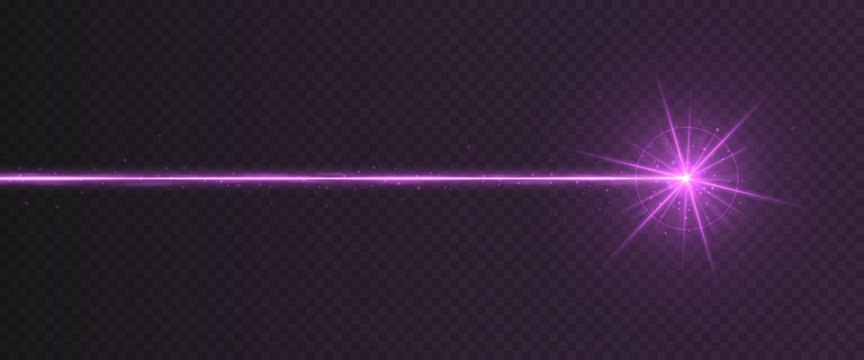 Purple laser beam light effect isolated on transparent background. Violet neon light ray with sparkles.