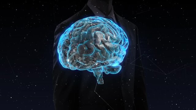 When a businessman touches the screen, The brain appears in the center. Artificial intelligence. 4k animation.