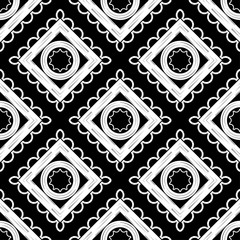 Black and white design. Ethnic boho seamless pattern. Lace. Embroidery on fabric. Patchwork texture. Weaving. Traditional ornament. Tribal pattern. Folk motif. Vector illustration for web design or pr