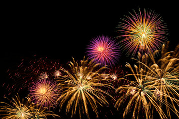 Colorful fireworks celebration and the midnight sky background.