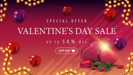 Special offer, Valentine's day sale, up to 50% off, discount banner with red and purple heart shaped balloons, garland and two hearts with a rose