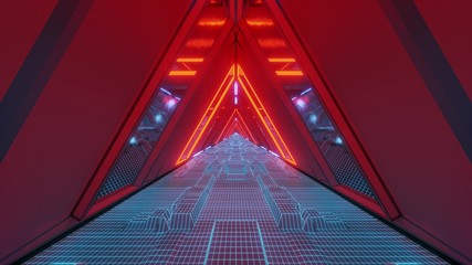 technical scifi space warship tunnel corridor with glowing wireframe bottom an glass windows 3d illustration wallpaper background graphic design
