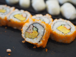 California Roll Sushi Japanese food Rice ball on top with Shrimp eggs