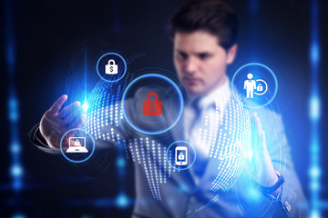 Business, technology, internet and networking concept. Young businessman working select the icon...