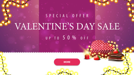 Special offer, Valentine's day sale, up to 50% off, pink and white discount banner with button, garland and box of chocolates in heart shaped wrapped in garland