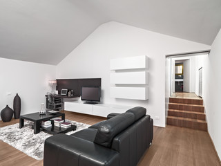 interior shot of a modern living room  in the attic