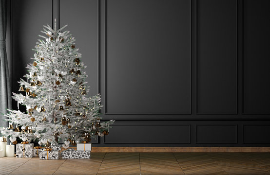 Mock up Christmas Tree, Winter Decoration with Gift Boxes in Black Background and wooden floor, , 3D render, 3D illustration