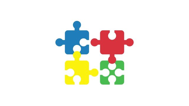 Animation of four connected jigsaw puzzle pieces, white background.