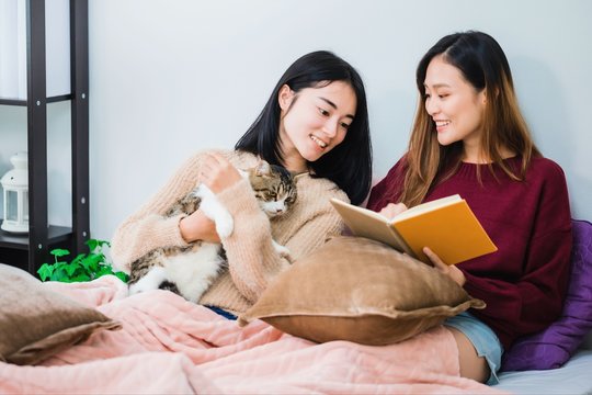 Young beautiful Asian women lesbian couple lover reading book and playing cute cat pet in living room at home with smiling face.Concept of LGBT sexuality with happy lifestyle together.