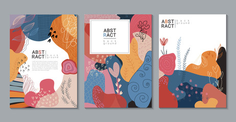Set of vector modern artistic posters with hand drawn textures, heart shapes, flowers. Abstract romantic collage.