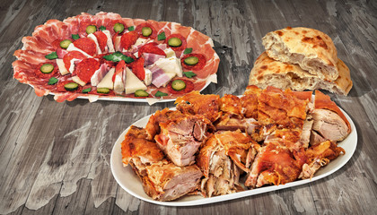 Gourmet Spit Roasted Pork Meat and Traditional Appetizer Savory Dish with Fresh Pita Flatbread Loaf Set on Old Weathered Cracked Pinewood