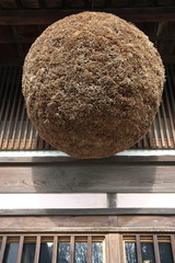 Yamanashi,Japan-December 22, 2019: Sugidama, ball made from sprigs of Japanese cedar, traditionally hung in the eaves of sake breweries