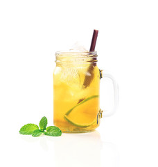  Fresh herbal tea with honey and lemon isolated on white