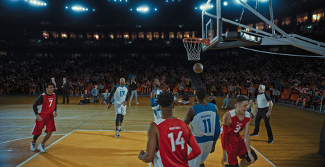 Basketball players on big professional arena during the game. Tense moment of the game. Celebration