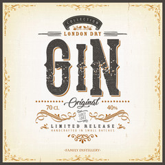 Vintage London Gin Label For Bottle/ Illustration of a vintage design elegant london dry gin label, with crafted lettering, specific product mentions, textures and hand drawn patterns - obrazy, fototapety, plakaty