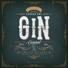 Vintage London Gin Label For Bottle/ Illustration of a vintage design elegant london dry gin label, with crafted lettering, specific product mentions, textures and hand drawn patterns - obrazy, fototapety, plakaty