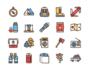 Camping hobby color linear icons set