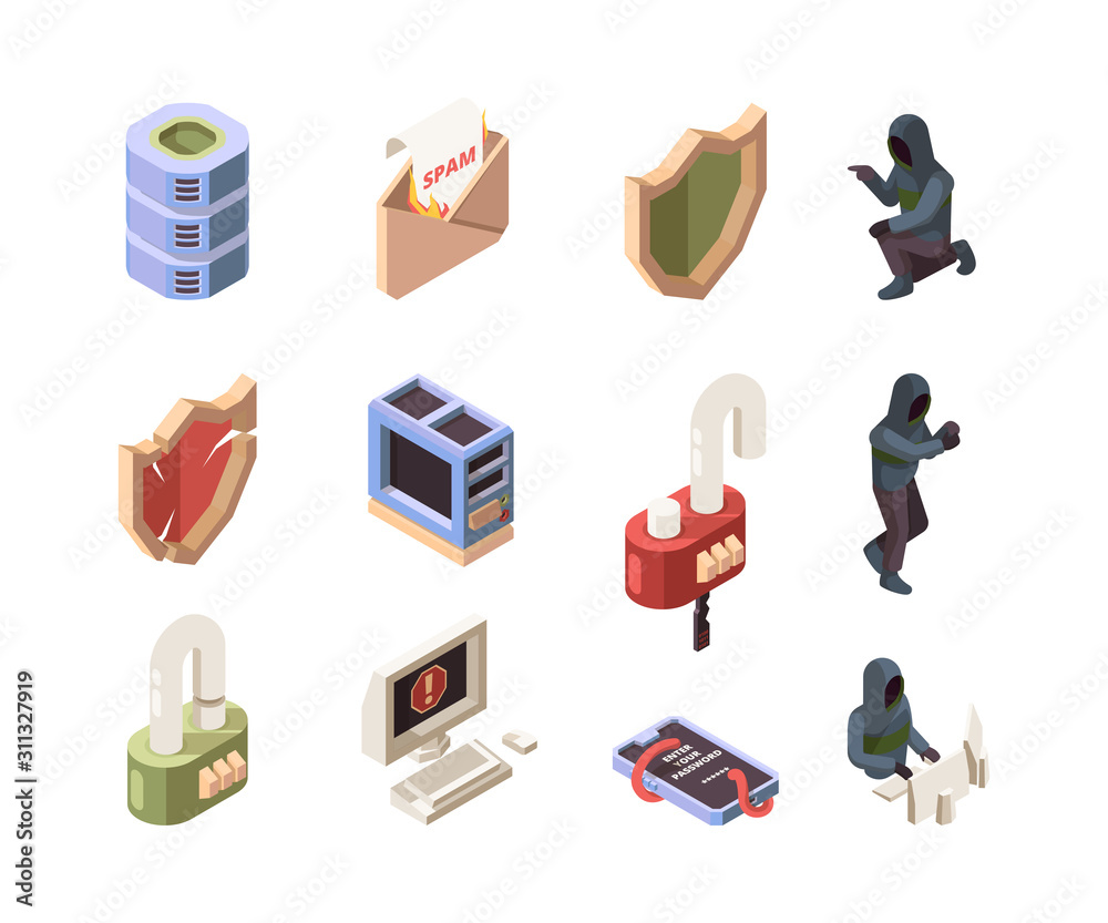 Poster hacker characters. computer online network attack cyber padlock digital data protection spam and phi