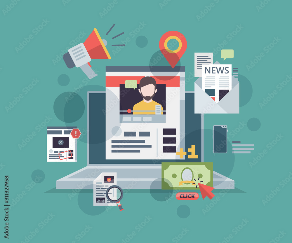 Fototapete web blogging. monitor with content marketing symbols on screen promote blog website digital technolo