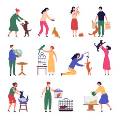 People pets. Perform man and woman walking with dogs puppies cats domestic animals fishes birds vector stylized characters. Dog and pets fish cat with owner illustration