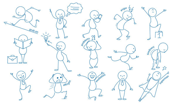 Business stickman. Hand drawn characters people figures expressions jumping running holding pointing vector business set. Illustration simple smile expression, stickman working and tiredness