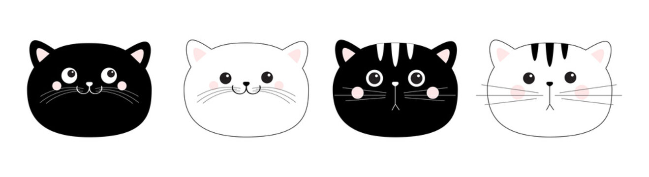 Black white cat head face line contour silhouette icon set. Funny kawaii smiling sad doodle animal. Pink blush cheeks. Cute cartoon funny character. Pet collection. Flat design Baby background.