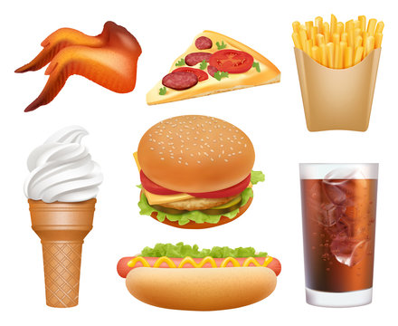Fast food realistic. Lunch pizza chicken hamburger hot dog drinks french fries vector junk trash food pictures. Hamburger and fast food lunch, meal pizza illustration