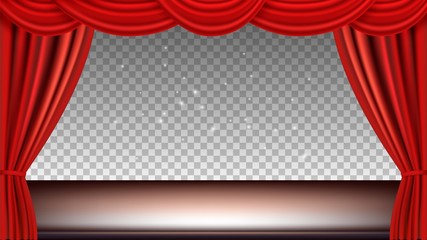 Theater stage. Festive background audience movie opera light with red silk curtains. Vector realistic curtains and stage isolated ontransparent background. Illustration theater with red curtain stage