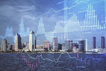 Forex chart on cityscape with skyscrapers wallpaper multi exposure. Financial research concept.